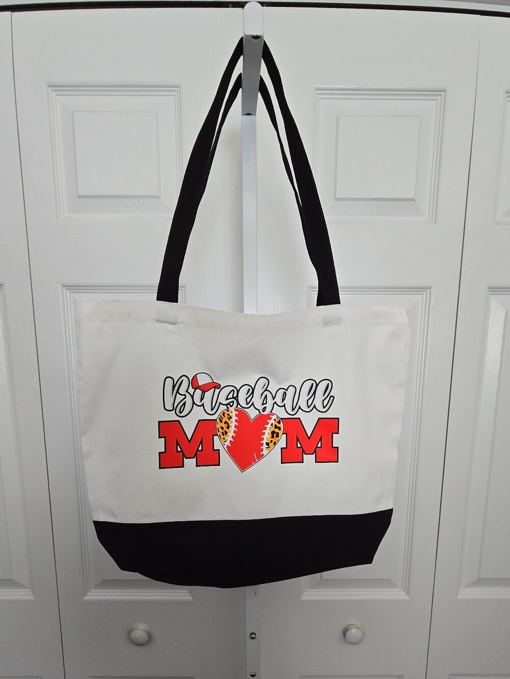 Custom Baseball Mom Canvas Tote Bag in White and Black